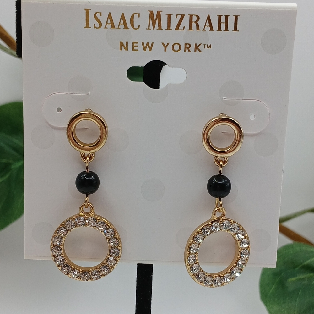 Isaac Mizrahi Gold, Clear Crystal and Black Circle Tiered Earrings